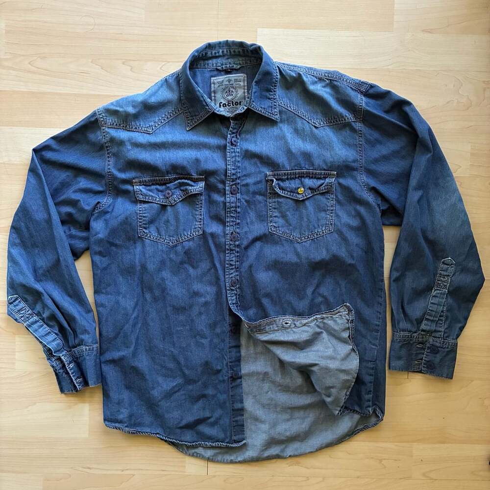 Factor Denim Shirt Size L Blue Long Sleeve Cotton Western